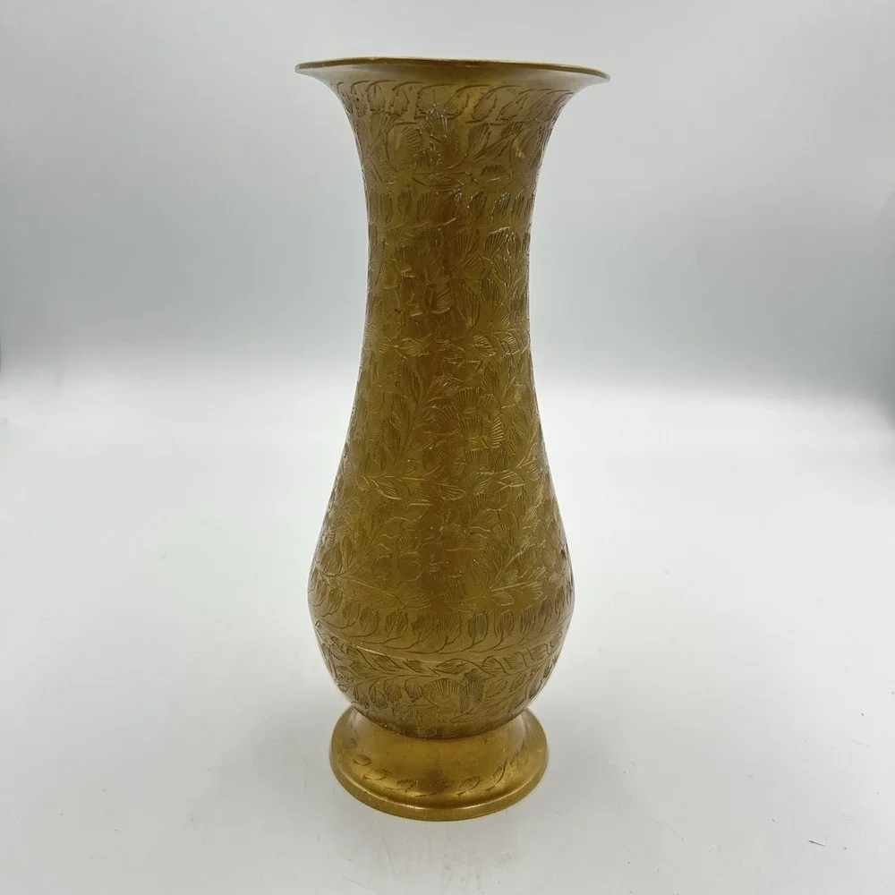 Vintage Etched Brass Vase 7.5
